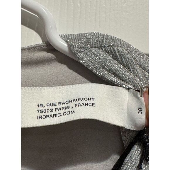 NWT IRO X Revolve Draped Metallic Silver Deep V-Neck Shoulder Pad Mini Dress 6 - Picture 7 of 16